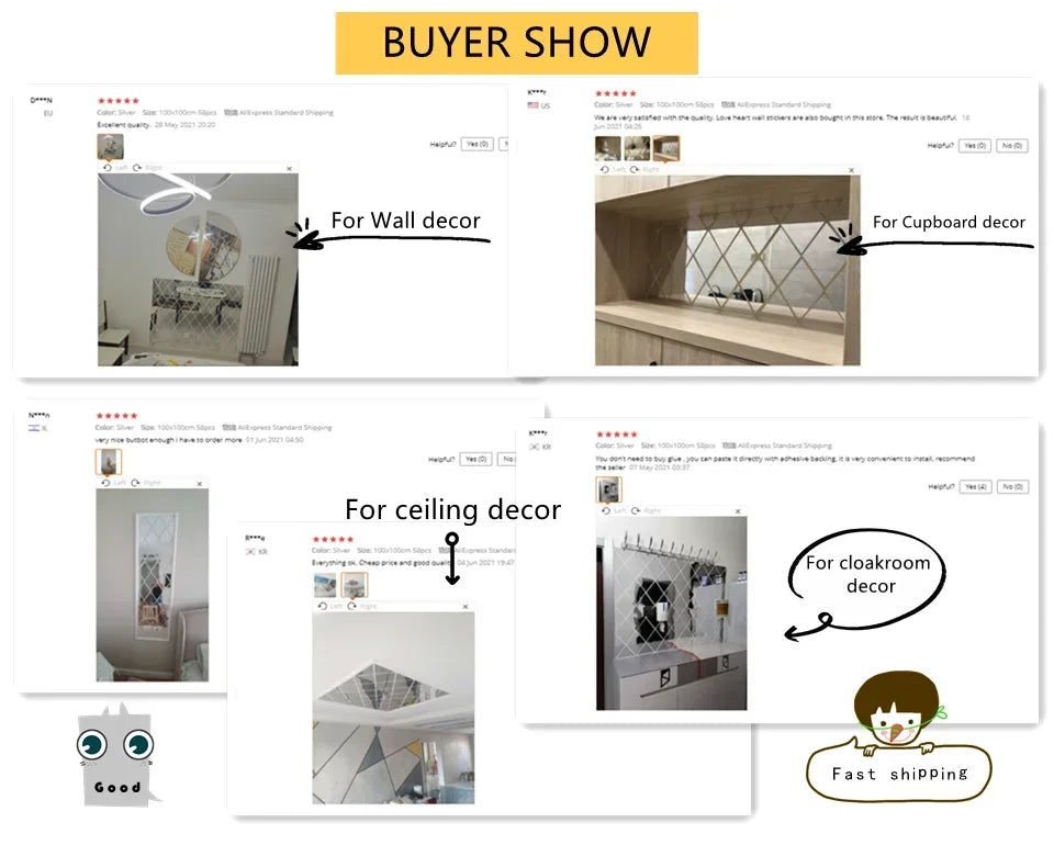 3D Diamond Shaped Acrylic Wall Mirror DIY Self-Adhesive Diamond Mirror Wall Sticker Office Living Room Art Home Decoration Profi-Group