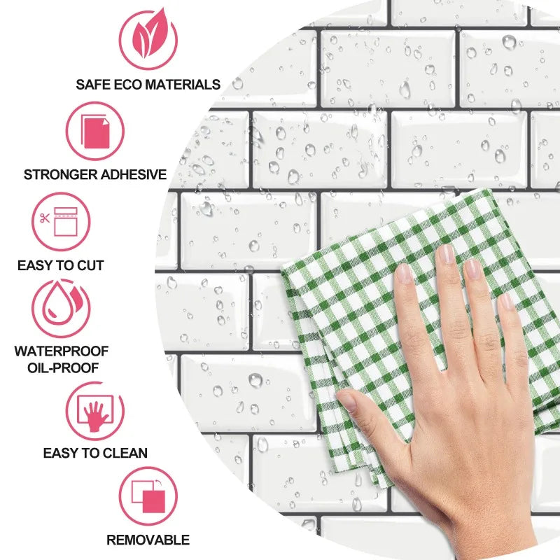 Wall Stickers White Self-Adhesive Anti-Tiles Waterproof Vinyl Peel and Stick 3D Brick Wallpaper Backsplash for Kitchen Bathroom