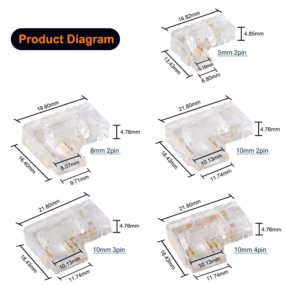 COB LED Connector Seamless 90 Degree L Shape Corner Connectors for 5mm 8mm 10mm 2/3/4pin FOB RGB CCT Tape Lights Connection 5pcs