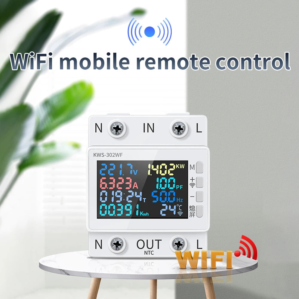 Tuya WiFi 8in1 Power Meter 2P AC Energy Meter APP Control 170-270V/63A Voltage and Current Meter Electricity Meter Smart Life Profi-Group