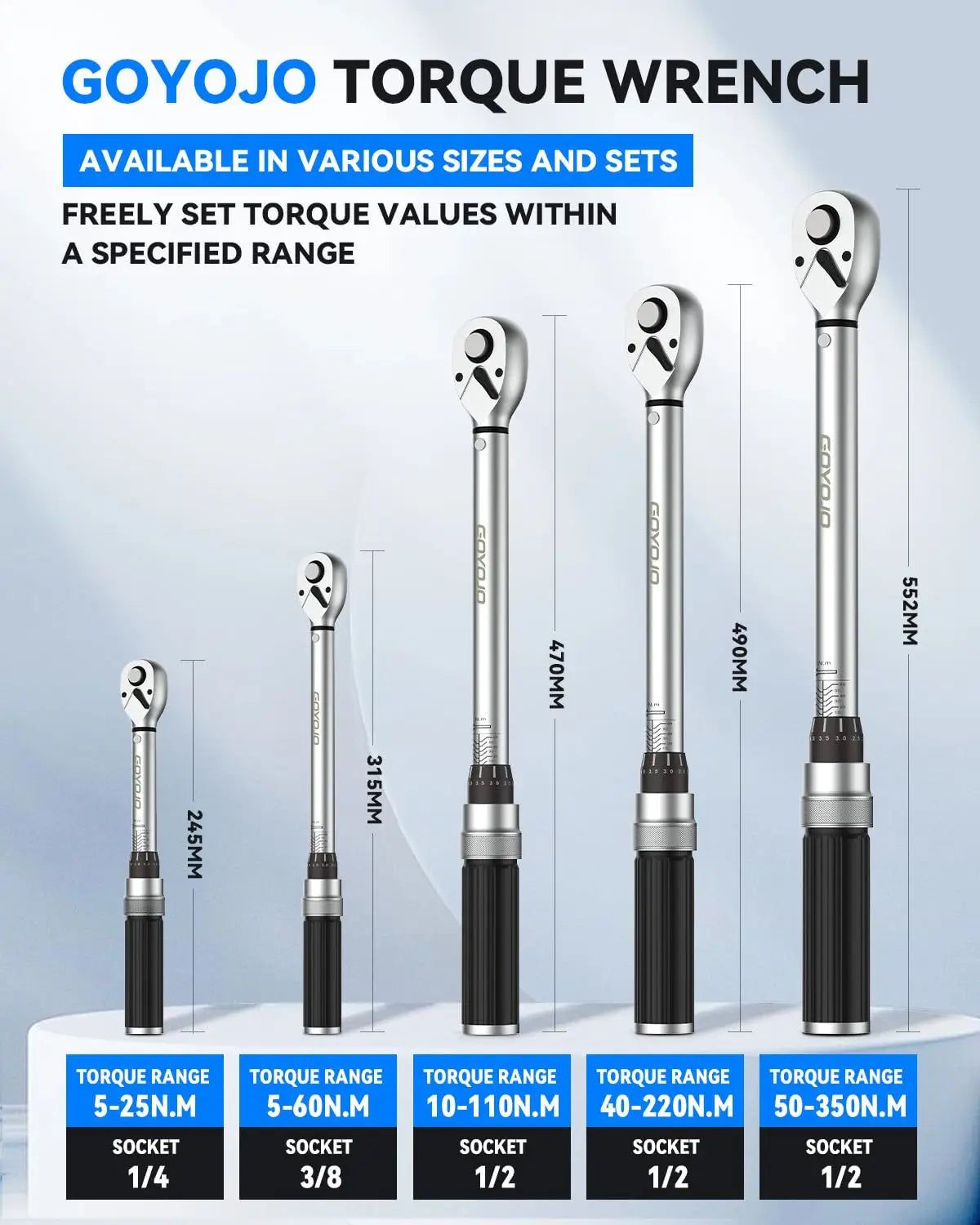 Динамометрический ключ с квадратным хвостовиком 1/4”, 3/8”, 1/2”, 40–220 Н·м