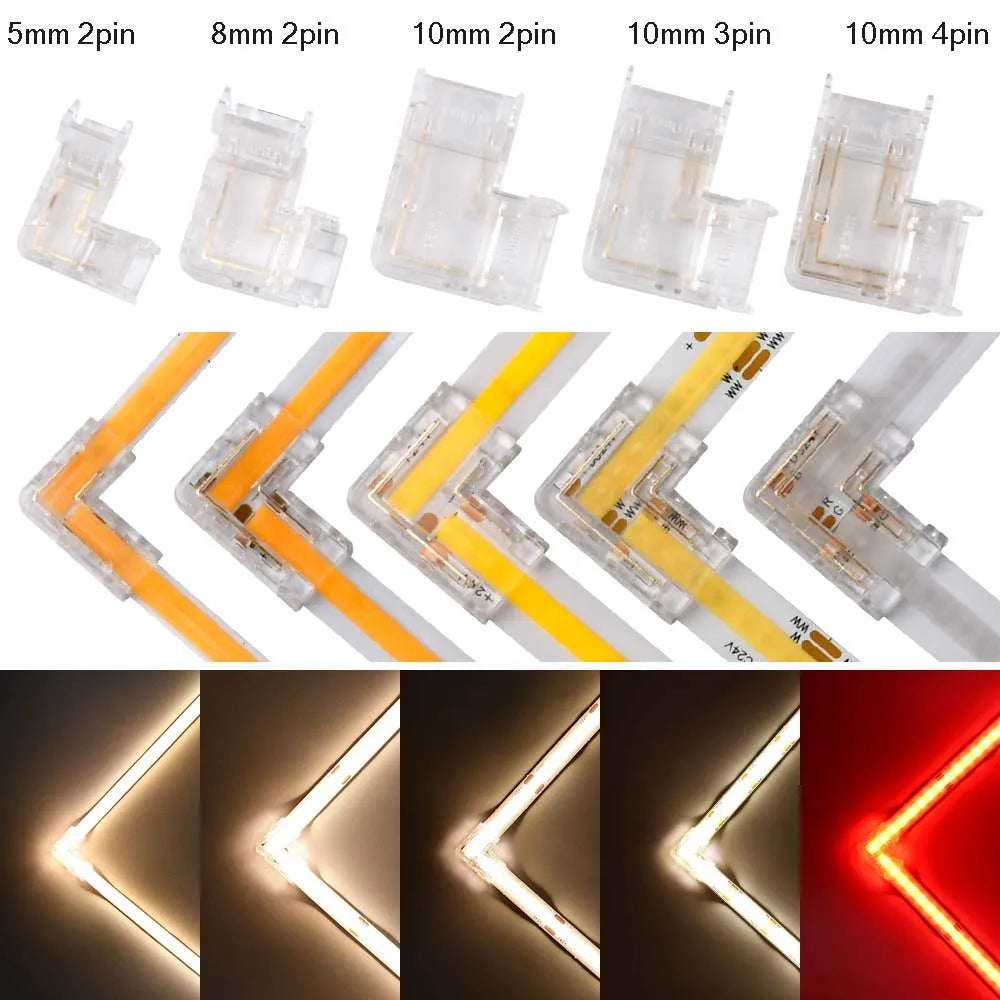 COB LED Connector Seamless 90 Degree L Shape Corner Connectors for 5mm 8mm 10mm 2/3/4pin FOB RGB CCT Tape Lights Connection 5pcs