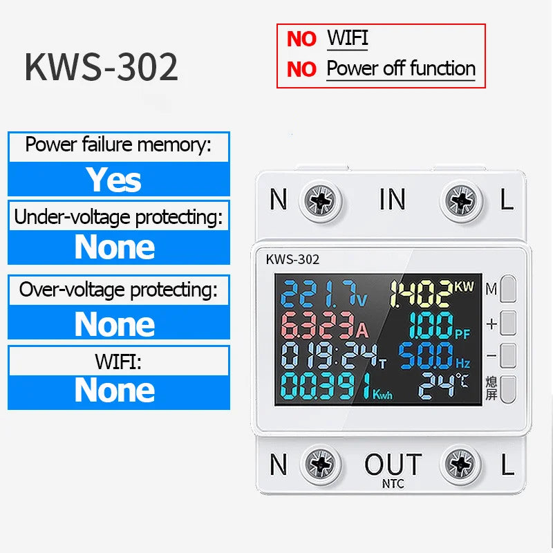 Tuya WiFi 8in1 Power Meter 2P AC Energy Meter APP Control 170-270V/63A Voltage and Current Meter Electricity Meter Smart Life Profi-Group