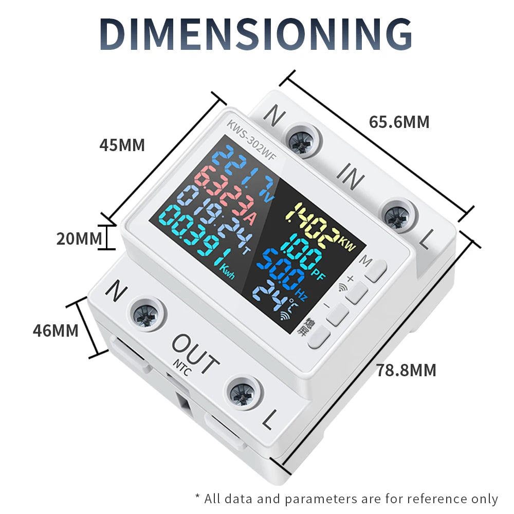 Tuya WiFi 8in1 Power Meter 2P AC Energy Meter APP Control 170-270V/63A Voltage and Current Meter Electricity Meter Smart Life Profi-Group