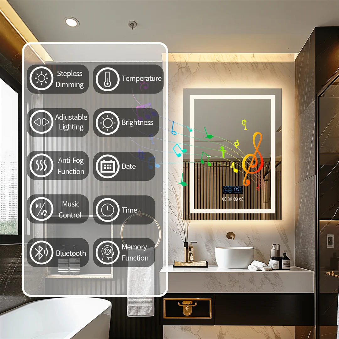 ALLICE Bluetooth Mirror Time Temperature Display Wall Hang Vanity Mirror with Bluetooth Speaker Dimmable Anti-fog Profi-Group