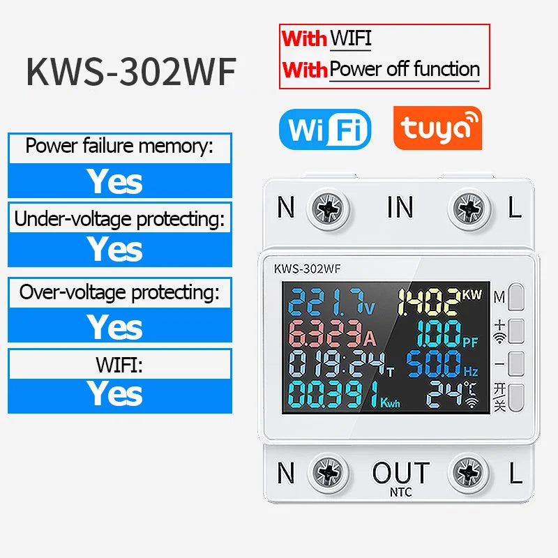 Tuya WiFi 8in1 Power Meter 2P AC Energy Meter APP Control 170-270V/63A Voltage and Current Meter Electricity Meter Smart Life Profi-Group