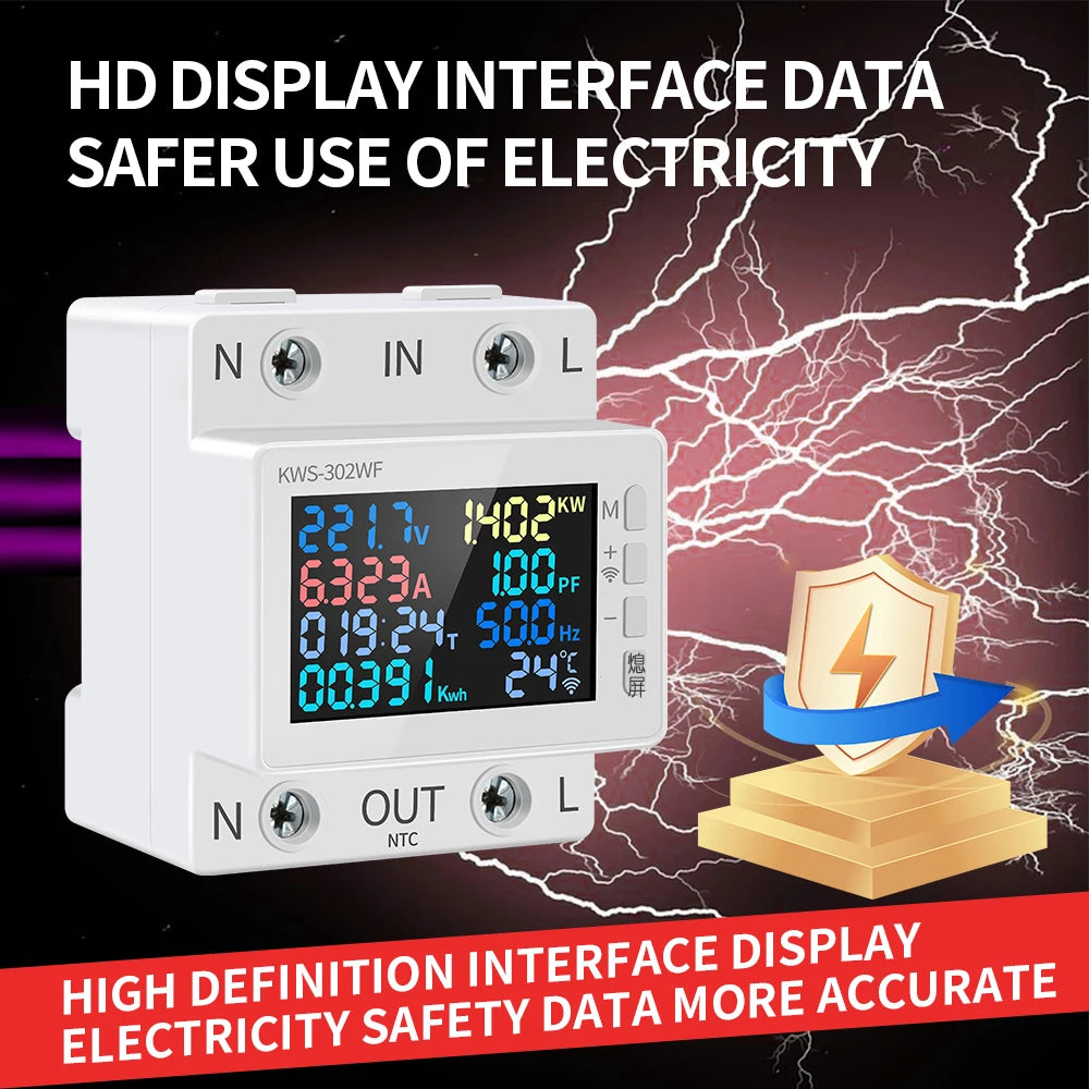Tuya WiFi 8in1 Power Meter 2P AC Energy Meter APP Control 170-270V/63A Voltage and Current Meter Electricity Meter Smart Life Profi-Group