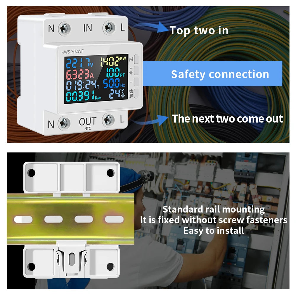 Tuya WiFi 8in1 Power Meter 2P AC Energy Meter APP Control 170-270V/63A Voltage and Current Meter Electricity Meter Smart Life Profi-Group