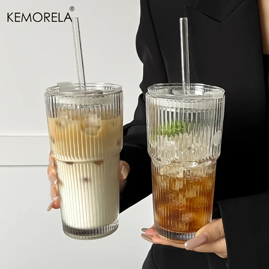 600ML Stripe Glass Coffee Cup With Lid and Without Cover Straw Transparent Drinking Glasses for Juice Iced Coffee Mugs Drinkware - Profi-Group