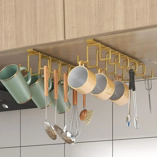 Punch-free Double-row Hooks Kitchen Cupboard Under Shelf Mug Cup Hanger Hook Iron Hanging Rack Holder Kitchen Cabinet Organizer - Profi-Group