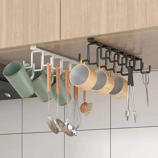 Punch-free Double-row Hooks Kitchen Cupboard Under Shelf Mug Cup Hanger Hook Iron Hanging Rack Holder Kitchen Cabinet Organizer - Profi-Group