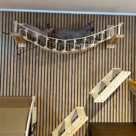 Wall Mounted Cat Climbing Wood Shelves Furniture Cat Bridge and Cat Hammock or Platform with Pedals for Kitten Perch and Rest Profi-Group