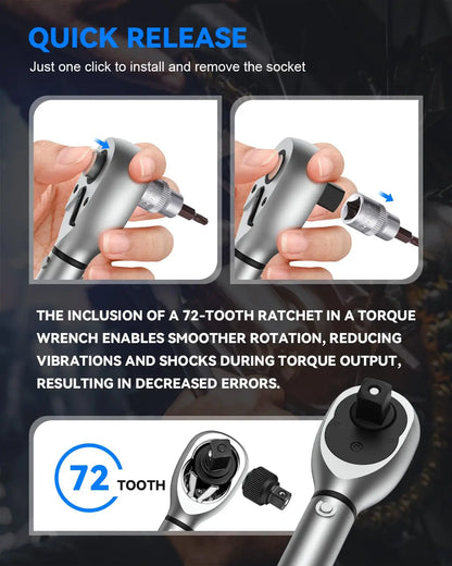 Динамометрический ключ с квадратным хвостовиком 1/4”, 3/8”, 1/2”, 40–220 Н·м