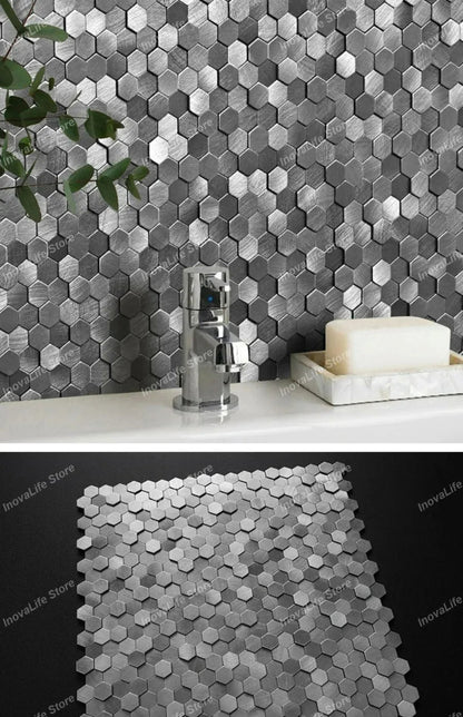 Роскошная металлическая настенная мозаика из нержавеющей стали, 3D-мозаика для ванной комнаты, шестиугольная алюминиевая мозаика