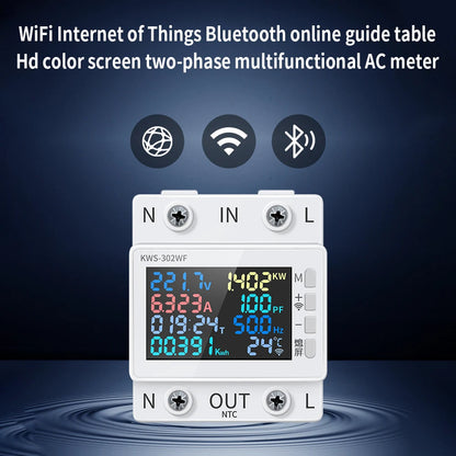 Tuya WiFi 8in1 Power Meter 2P AC Energy Meter APP Control 170-270V/63A Voltage and Current Meter Electricity Meter Smart Life Profi-Group