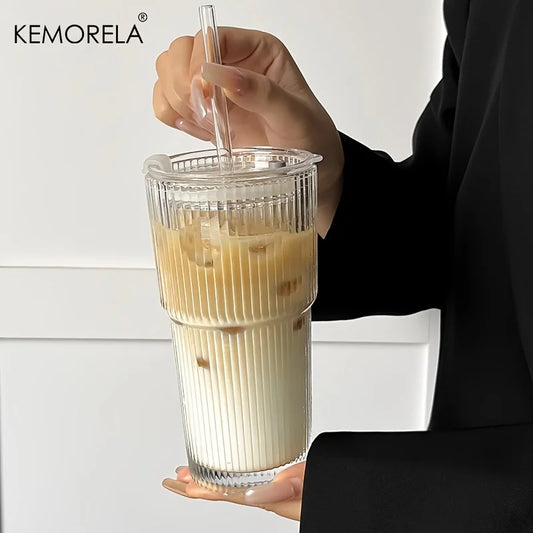 600ML Stripe Glass Coffee Cup With Lid and Without Cover Straw Transparent Drinking Glasses for Juice Iced Coffee Mugs Drinkware - Profi-Group