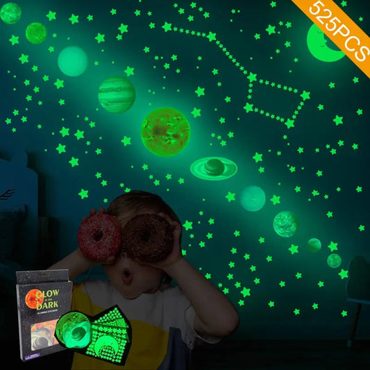 525PCS Box Packed Luminous Nine Planets Wall Sticker for Kids Bedroom Living Room Glow In The Dark DIY Party Home Decor Profi-Group